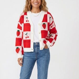 Sincerely Jules Red and White Checkered Cardigan Fruit Print Sweater XS